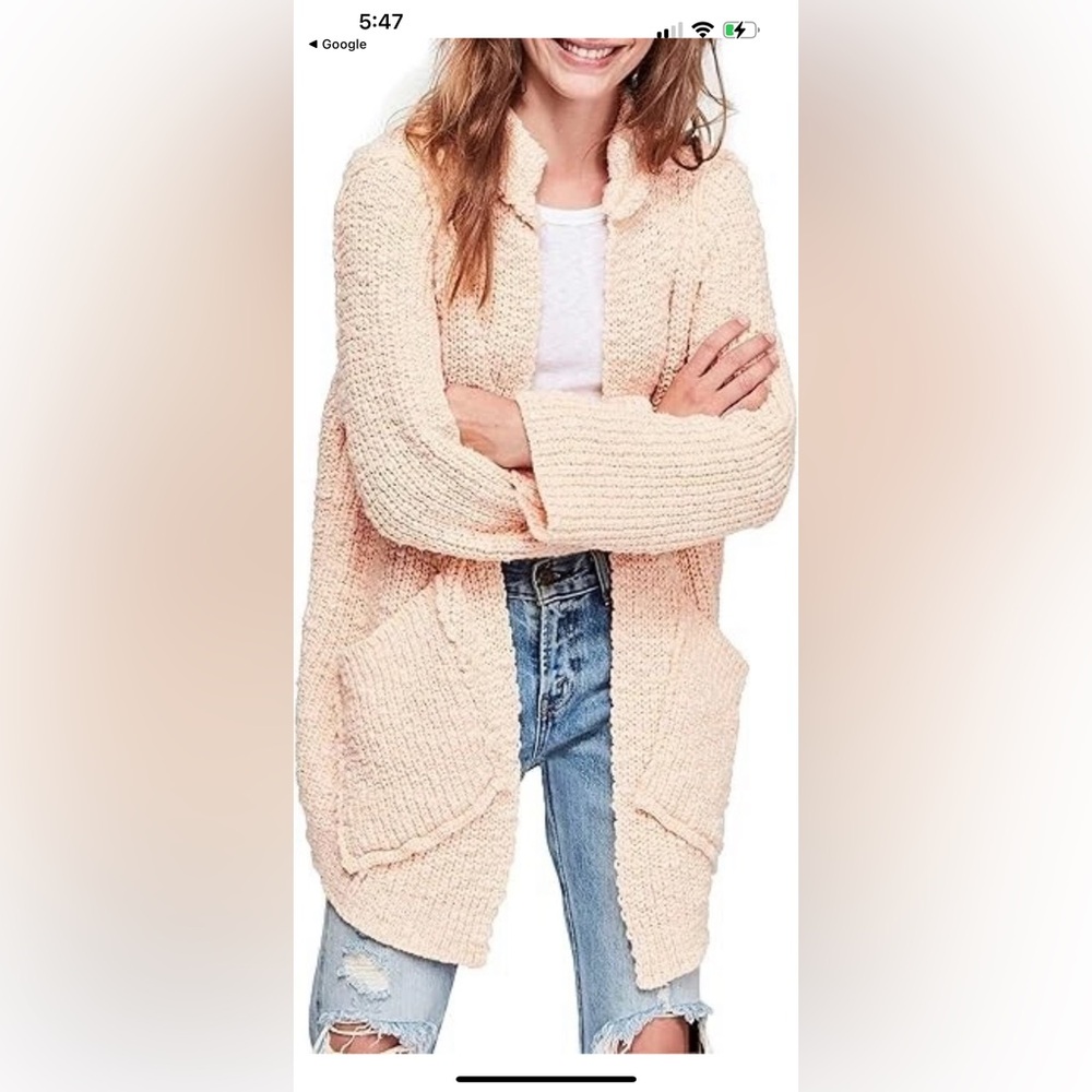 Free People Waterfront Peach Chunky Knit Oversized‎ Cardigan Sweater Boho Small